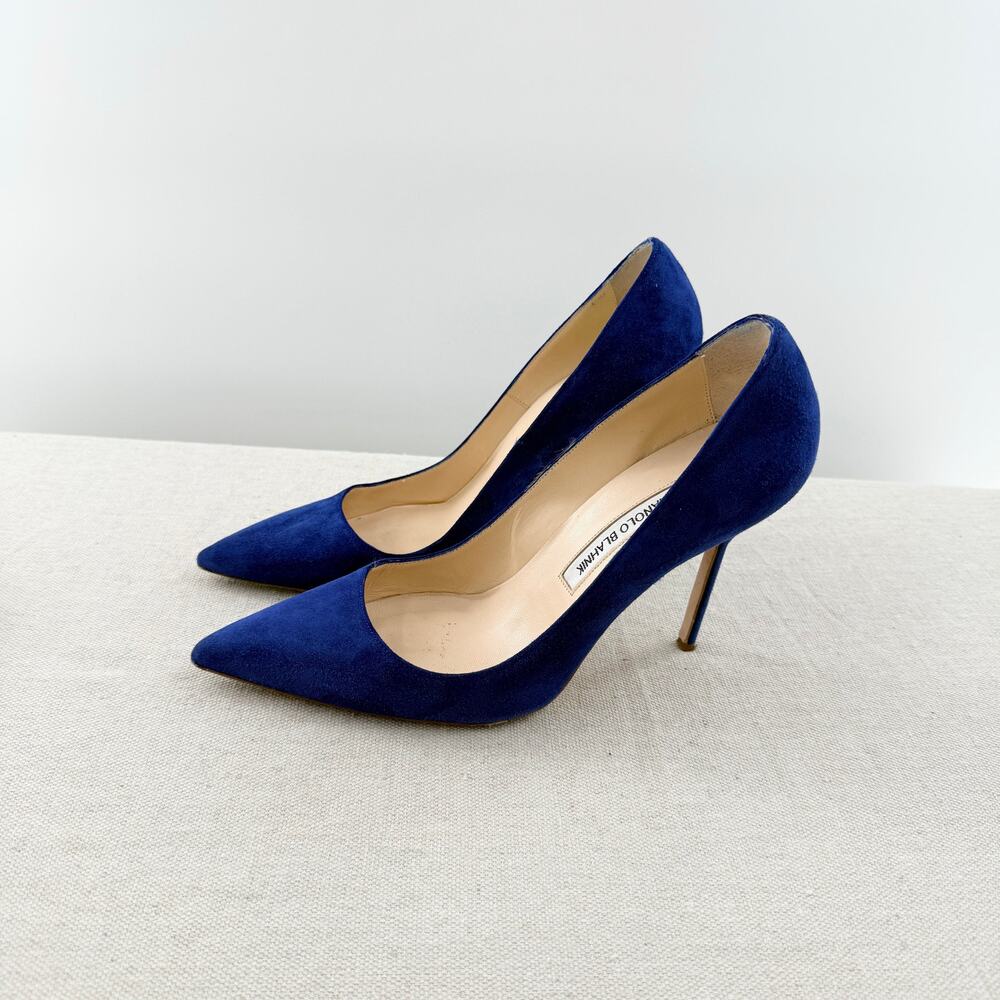 Manolo Blahnik Suede Slip On Pointed Toe Stillettos Pumps Royal Blue Women EU 40